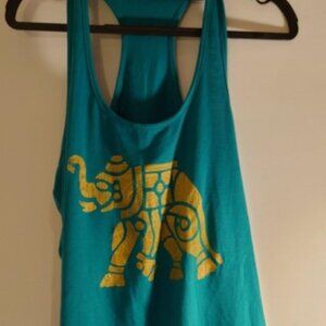 Yogi racerback tank top shirt XL teal green with gold elephant design